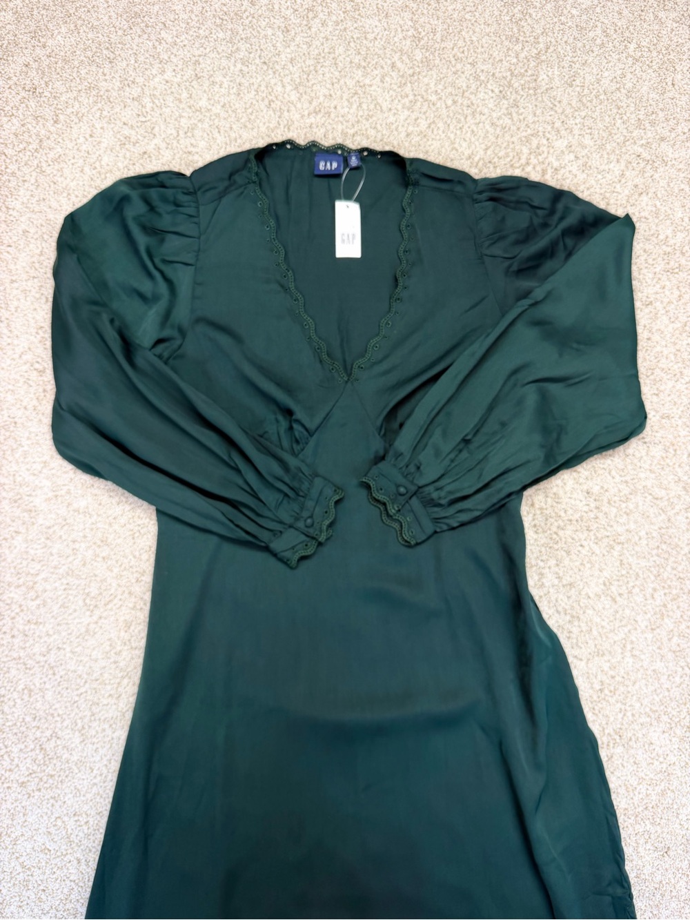 New GAP Women Satin Empire Maxi Dress  Essex Green V neck Long Sleeve M Tall - Picture 8 of 14